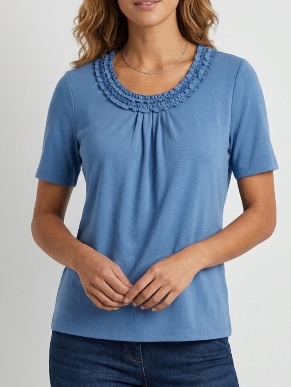 Allison Daley Petite Blue Ruffle Neck Top - PS